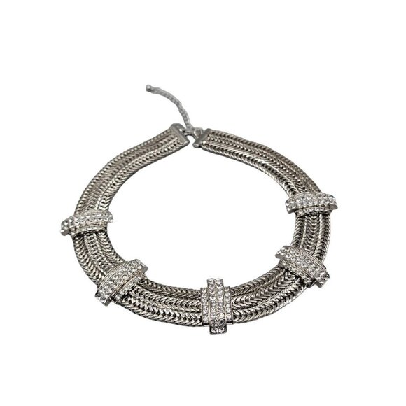 Silver Tone Mesh Collar Necklace Rhinestone Studded Woven 18" Chain - Picture 10 of 15